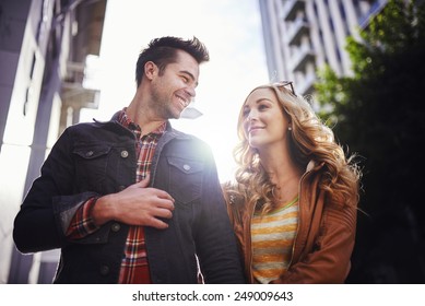 Romantic Couple Walking Through Downtown Los Angeles