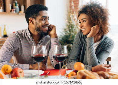 Romantic Date. Millennial Black Couple In Love Looking At Each Other With Affection And Tender, Kitchen Interior