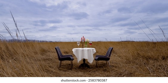 romantic date in nature. restaurant in the field.dinner in the wild. table with white tablecloth, chairs, glasses of wine, flowers and candles. without people 