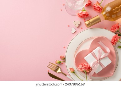 Romantic Dining Experience: Top view photo of exquisite table setting featuring heart-shaped plate, cutlery, white wine, roses, sprinkles on pastel pink background. Ample space for text or advertising - Powered by Shutterstock