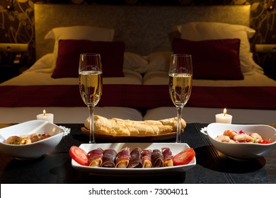 Romantic Dinner With Champagne In The Bedroom