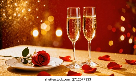 A romantic dinner setup featuring two champagne glasses, a red rose, and scattered petals on a table.