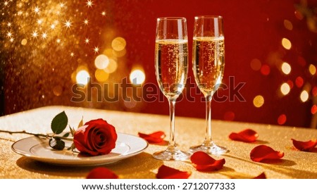 A romantic dinner setup featuring two champagne glasses, a red rose, and scattered petals on a table.