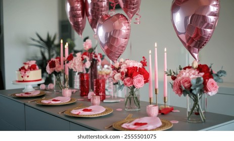 A romantic dinner table set with red balloons and candles.