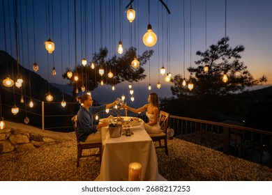 A romantic dinner table set for two, with a couple enjoying a sea view at sunset.

