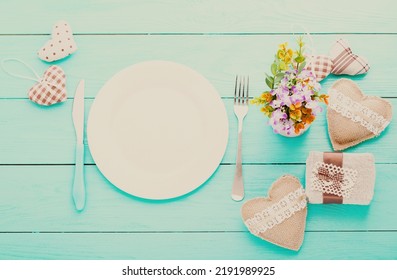 Romantic Dinner,flowers And Hearts On Wooden Background. Mock Up