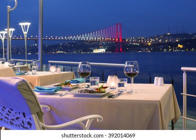 Romantic Empty Dinner Table Facing Beautiful Istanbul Bosphorus View