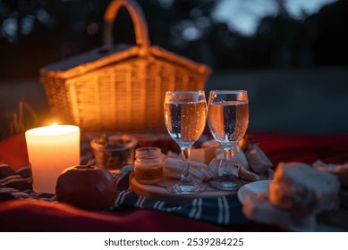 romantic evening picnic on meadow with basket, wine and snacks in serene outdoor setting at sunset in park, cozy atmosphere ideal for relaxation and connection - Powered by Shutterstock