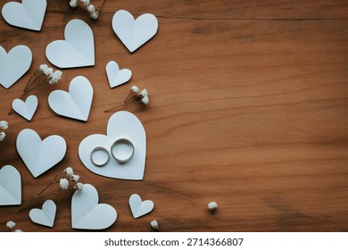 A romantic flat lay featuring white heart shapes, delicate white flowers, and two wedding rings on a textured wooden surface.