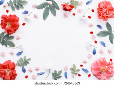 Romantic Flower Flat Lay Frame With Roses, Daisies And Lupines