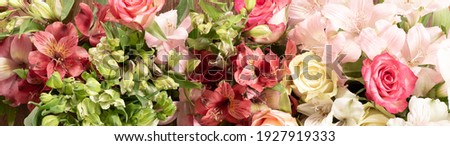 Romantic flowers border composition in pastel green pink colours flowers. Alstroemeria, roses flowers. Flat lay top view, copy space