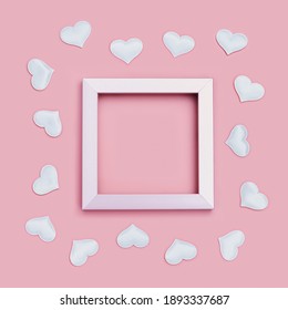 Romantic frame with  empty space with white hearts around on pink fon. Holiday background for Valentines Day. Love concept. Minimal style. Flat lay, top view.
