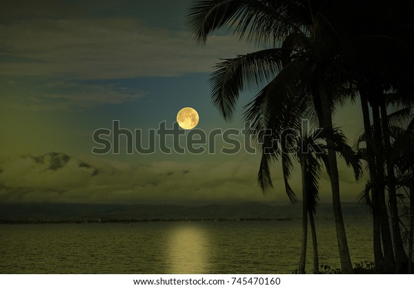 Romantic full moon\
over the lake in early\
night