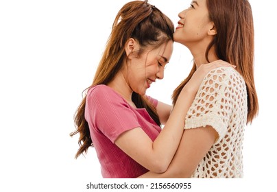 Romantic Gay Lesbians Holding Each Other Smiling. Asian Homosexual Couple Intimate Moment Embracing In Bedroom Isolated On White Background. Portrait, Two Women Hugging With Affectionate Relationship