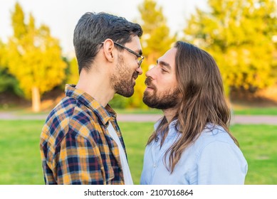 Romantic Gay Male Couple Face To Face In A Park