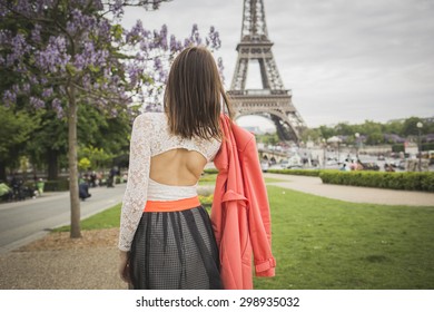 Romantic Girl Is Looking At Eifel Tower