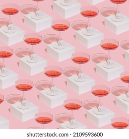 Romantic Girly Valentine's Day Composition With Wine Glasses On Pastel Pink Background. Modern Minimal Pattern.