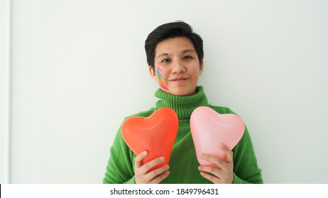 Romantic Happy Love Asian Gay Lesbian Woman Happy Holding Heart Symbol