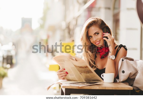 Romantic Lady Newspaper Posing Cafe Pretty Stock Photo Edit Now