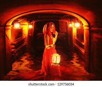 Romantic Lady In Red Holding A Lantern In A Dark Dungeon