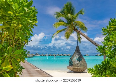 Romantic Love Couple Swing At Beautiful Tropical White Sand Beach, Summer Vacation Landscape And Travel Background Concept. Exotic Beach Scenic, Amazing Nature Blue Sky, Sea Bay Sunny White Sand Shore