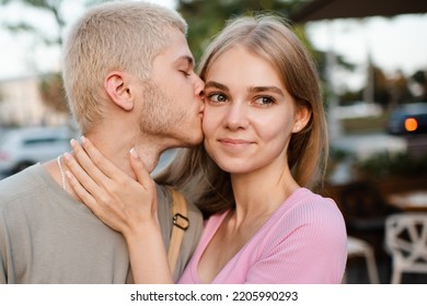 Romantic Love Couple Of Teenage Girl And Boy 17-18 Year Old Together Outdoor. Happy Teenagers Smiling. 