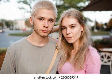 Romantic Love Couple Of Teenage Girl And Boy 17-18 Year Old Together Outdoor. Happy Teenagers Smiling. 