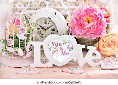 Romantic Love Decoration In Shabby Chic Style With Letters,flowers,vintage Clock And Bird Cages