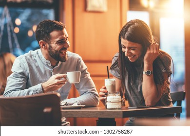 Romantic Loving Couple Drinking Coffee, Having A Date In The Cafe.