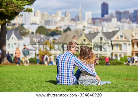 Romantic loving couple having a date in San Francisco, California, USA