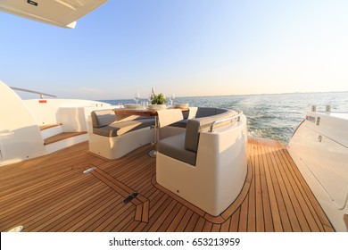 Romantic Lunch On Motor Yacht At Sunset, Table Setting At A Luxury Yacht.