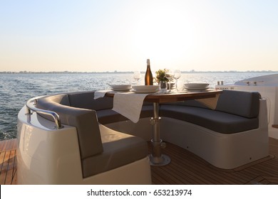 Romantic Lunch On Motor Yacht At Sunset, Table Setting At A Luxury Yacht.