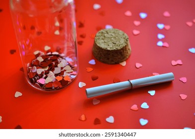 romantic message next to bottle between hearts - gift card background - happy valentines day background 
