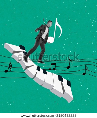 Romantic music. Contemporary art collage of young man in suit walking on piano keys isolated over green background. Song and music writer. Concept of creativity, inspiration