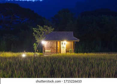 Romantic Night With The Small Cottage In The Nature, Wooden House Concept