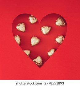 Romantic pattern made with foil wrapped chocolate hearts visible through a heart shaped gap on red background. Minimal love concept. Trendy chocolate hearts idea. Chocolate aesthetic. Flat lay.