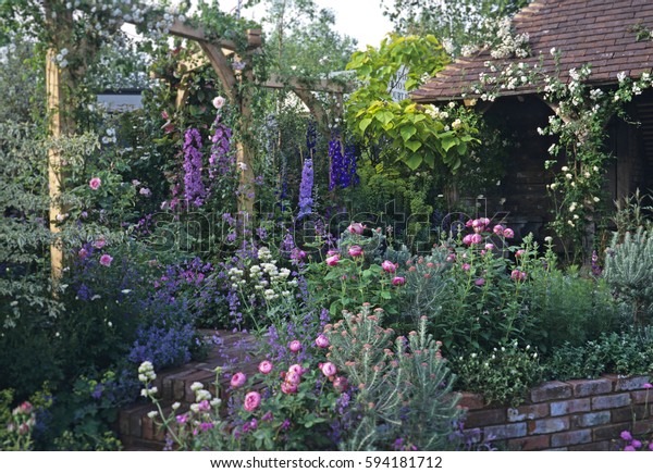 Romantic Pink Mauve Cottage Garden Stock Photo Edit Now 594181712