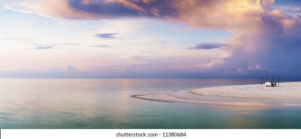 Romantic Private Dinner On The Edge Of The Land. Pastel, Soft Colors.