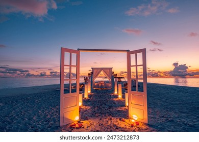 Romantic proposal sunset dinner. Candles white decoration pavilion, door close to sea sand beach. Love honeymoon anniversary dinner on tropical beach. Destination romance wedding, luxury couple travel - Powered by Shutterstock