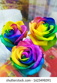 Romantic Rainbow Rose Bouquet. Multi-colored Flowers.