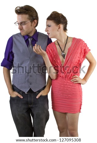 Romantic Relationships.  Couple discussing problems.  Isolated on a white background.