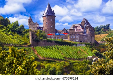 Romantic Rhine Valley River With Gorgeous Castles. Travel In Ger