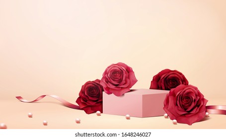 Romantic roses and pearls background in 3d illustration - Shutterstock ID 1648246027