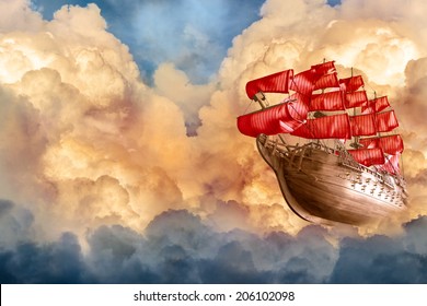 Romantic Sailing Ship Flying In Sunset Clouds