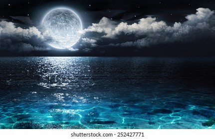 romantic and scenic panorama with full moon on sea to night 