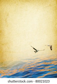 Romantic seascape - surface of sea and two seagulls above the water. Nautical vintage background - marine travel in retro style.