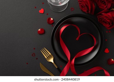 Romantic Splendor: top-view glimpse into world of opulence—elegant table settings, cutlery, wineglass, roses, petals, silk ribbon in heart shape, confetti, all set against a refined black background
