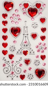 Romantic stickers for Valentine's Day: red hearts, Eiffel Tower, pink and silver rhinestones.