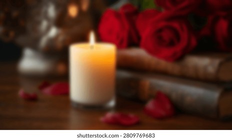 A romantic still life composition featuring a lit candle, deep red roses, and antique books, evoking a sense of warmth and nostalgia.