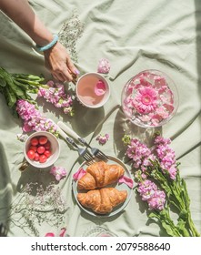 Romantic Summer Picnic With Cherry Blossom Tea, Croissants, Cherries And Woman Hand On Pale Textile Background. Food And Drink Concept With Flowers. Top View.